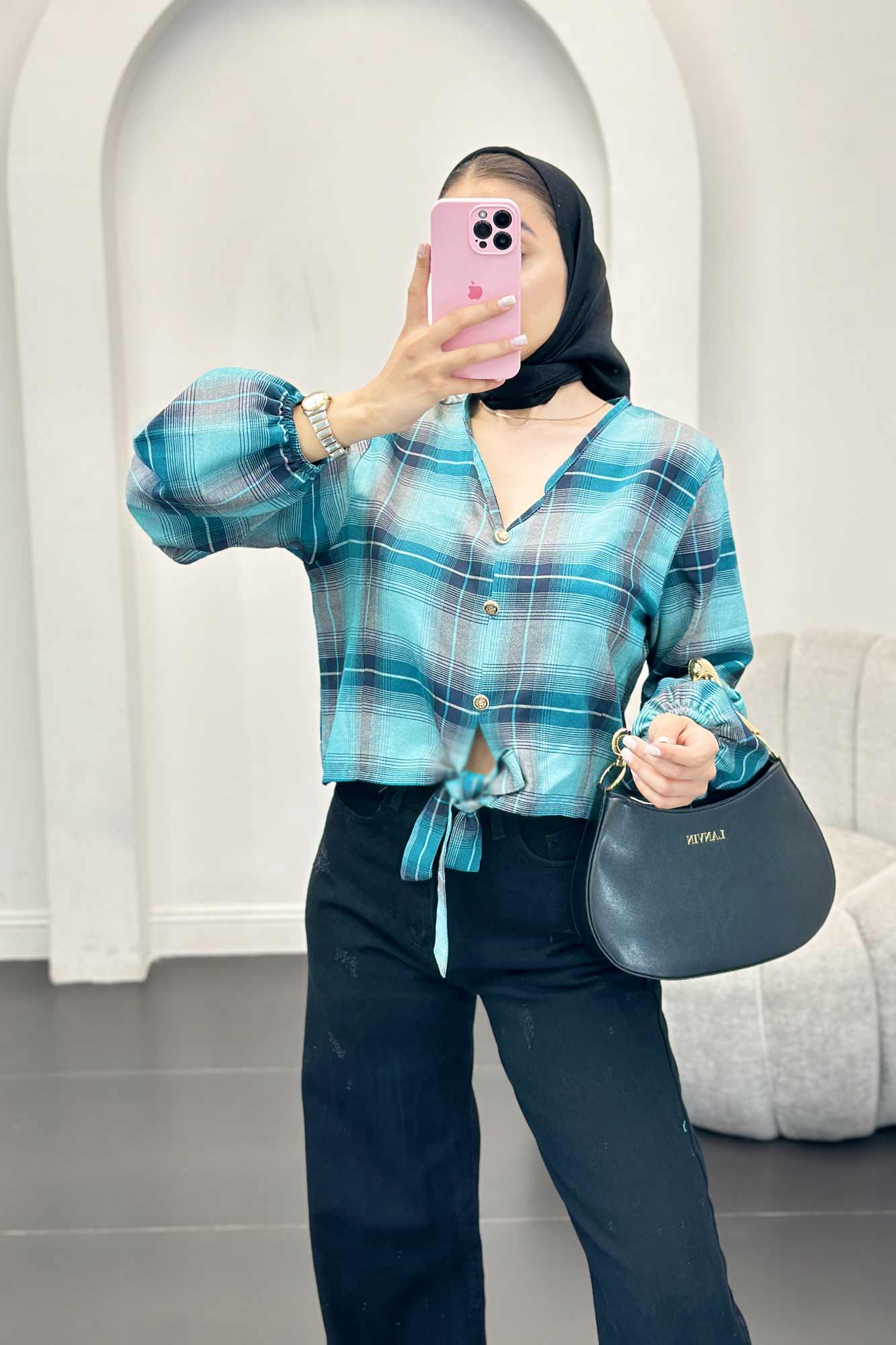 شومیز چهارخانه پایین گره