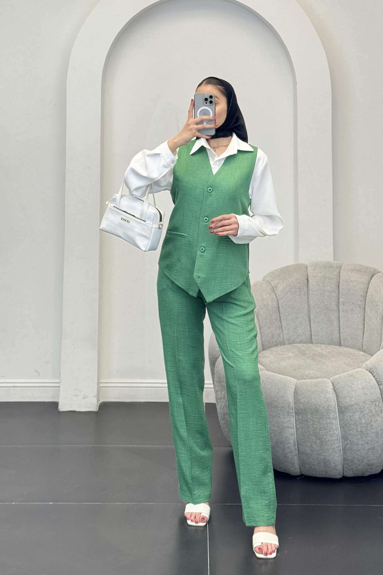 ست جلیقه شلوار شانتون یقه هفت بگ