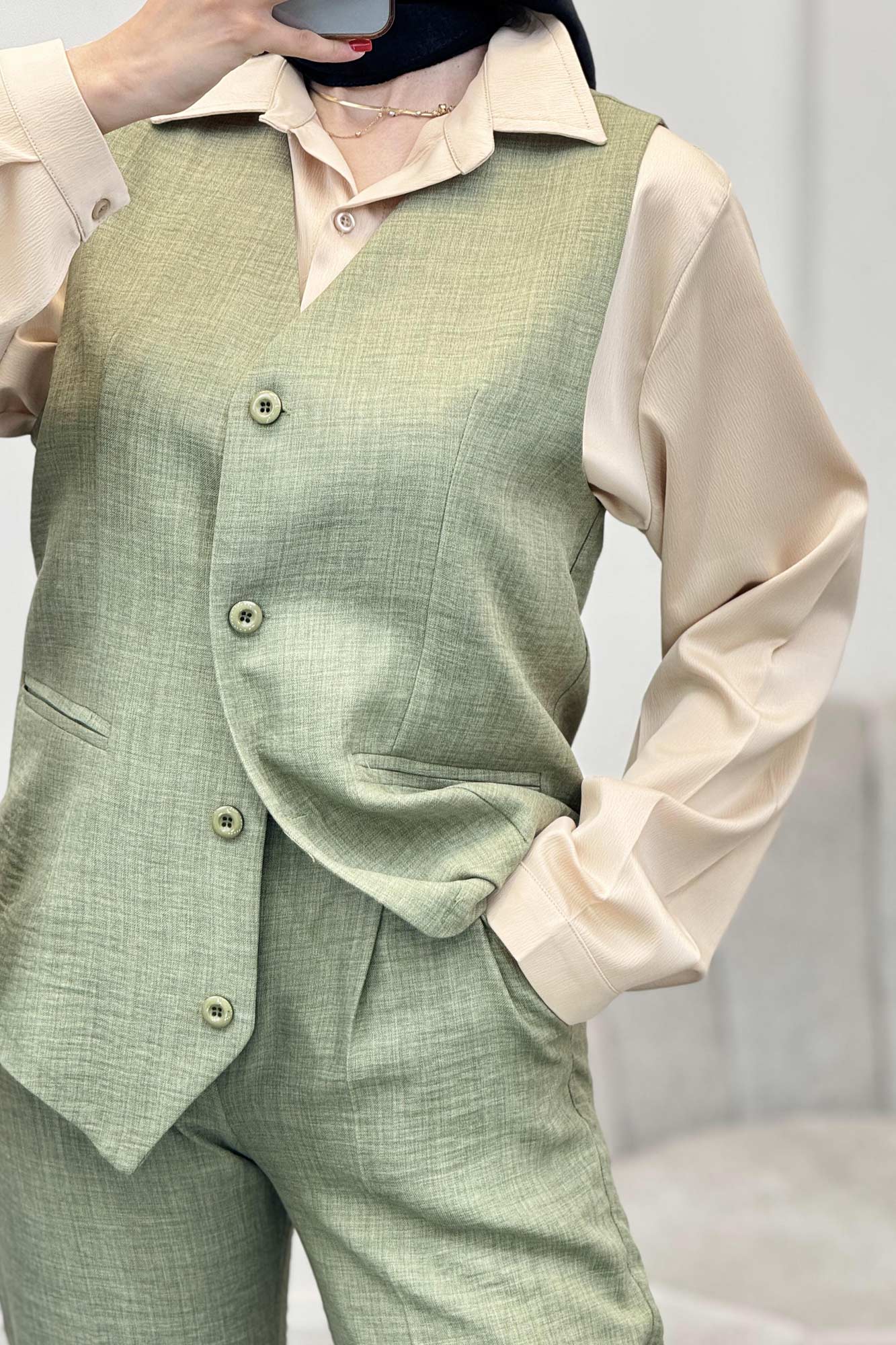 ست جلیقه شلوار شانتون یقه هفت بگ