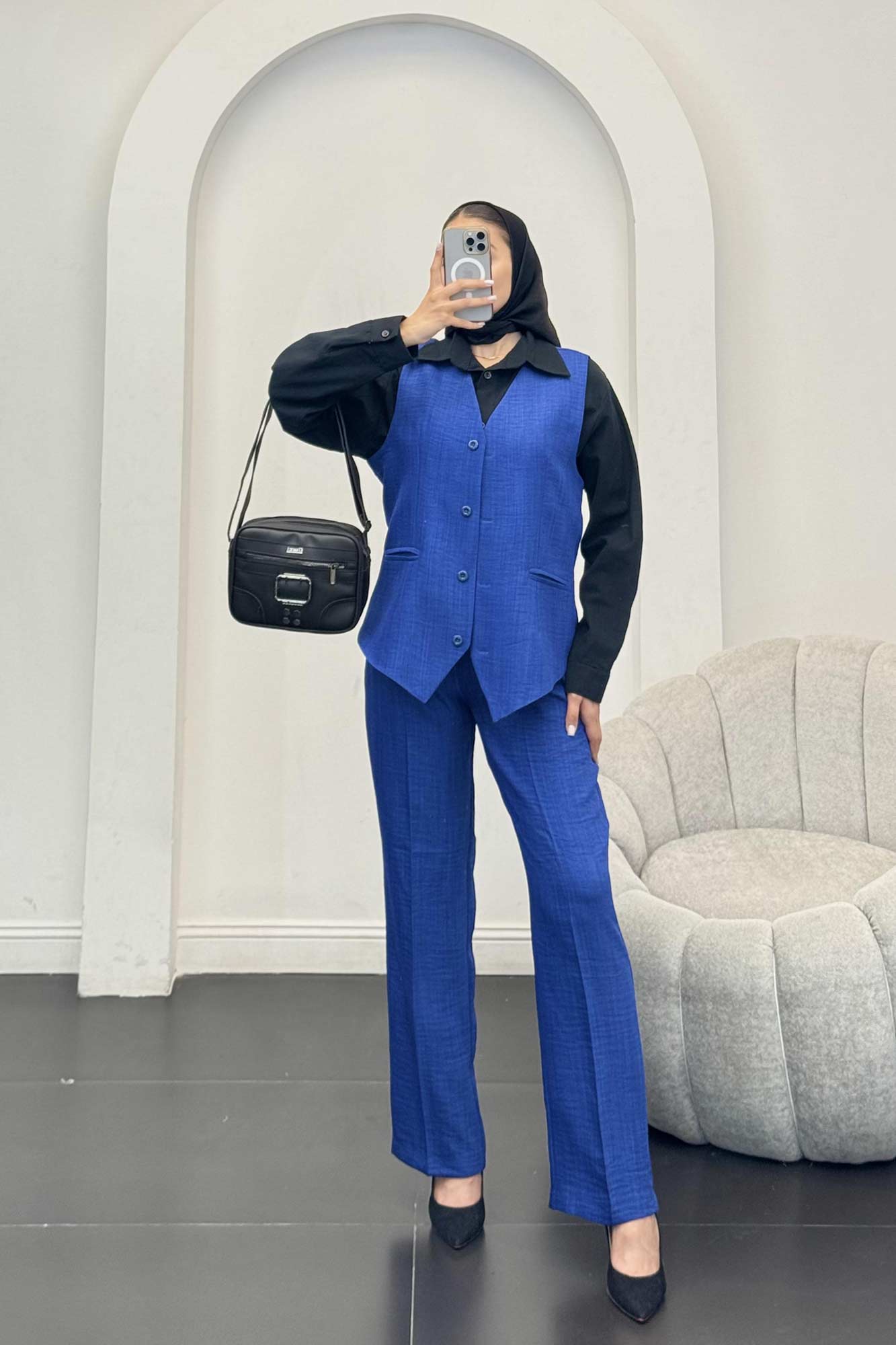 ست جلیقه شلوار شانتون یقه هفت بگ