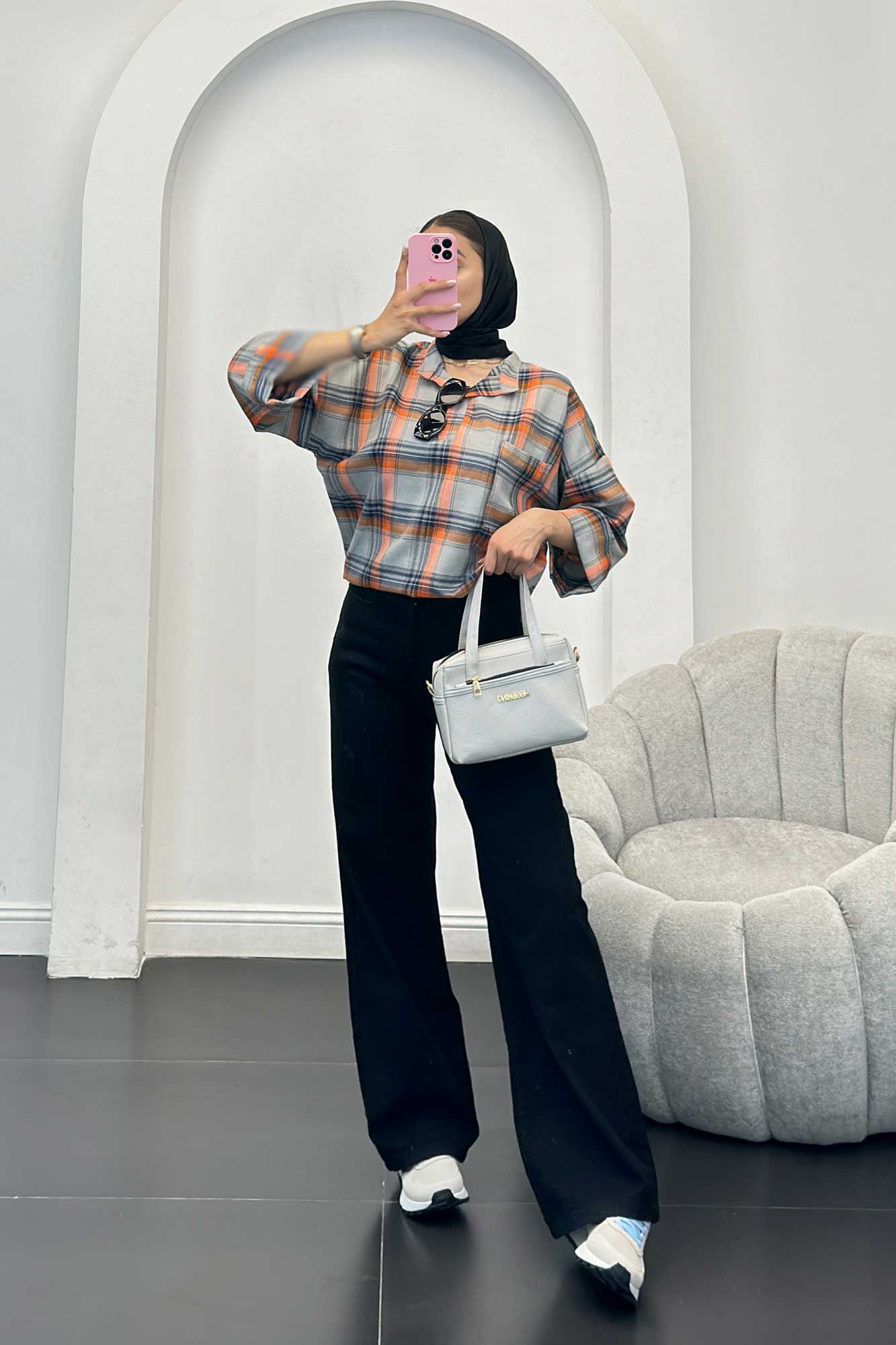 بلوز چهارخانه تک جیب پایین چاکدار