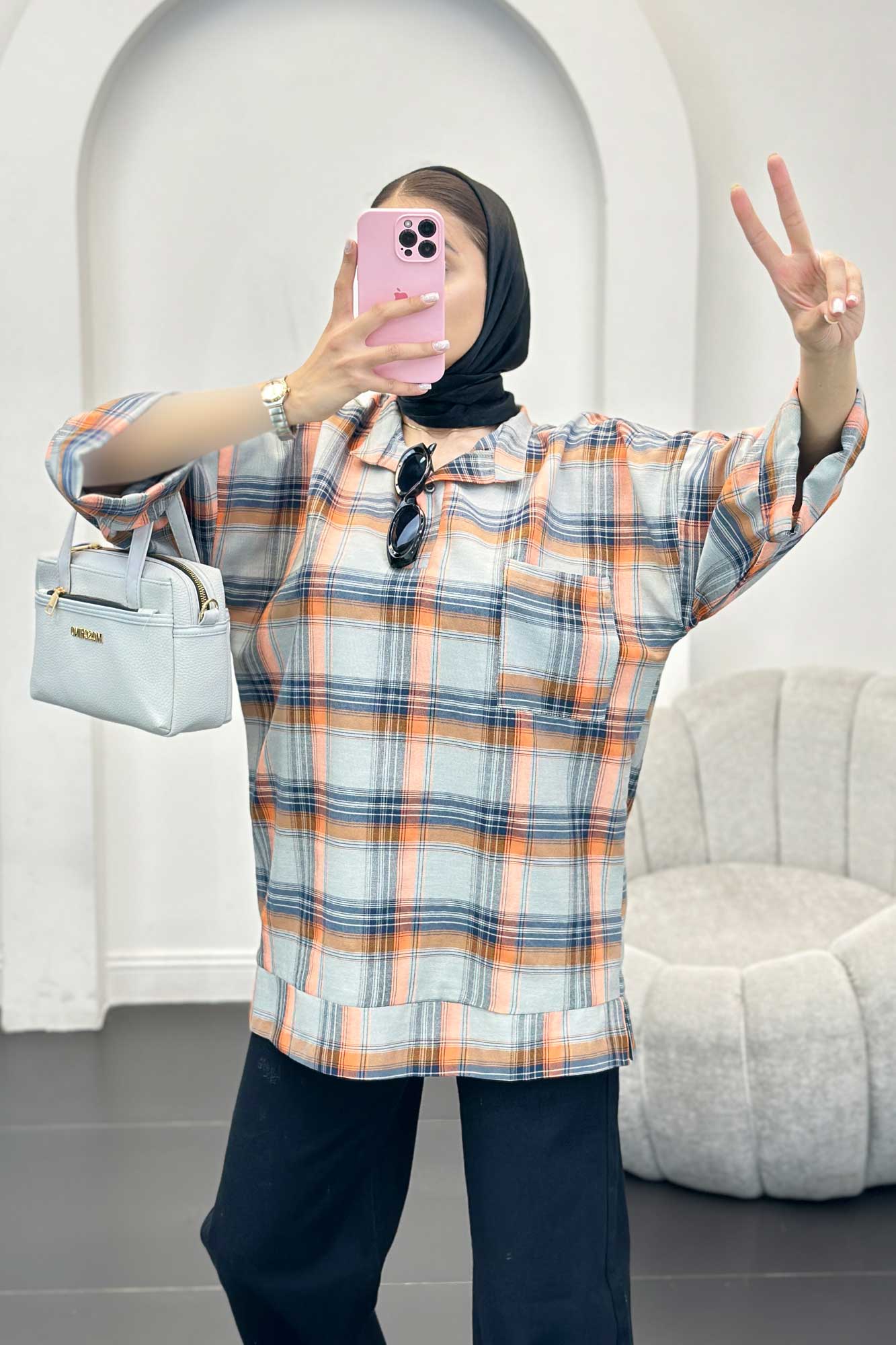 بلوز چهارخانه تک جیب پایین چاکدار