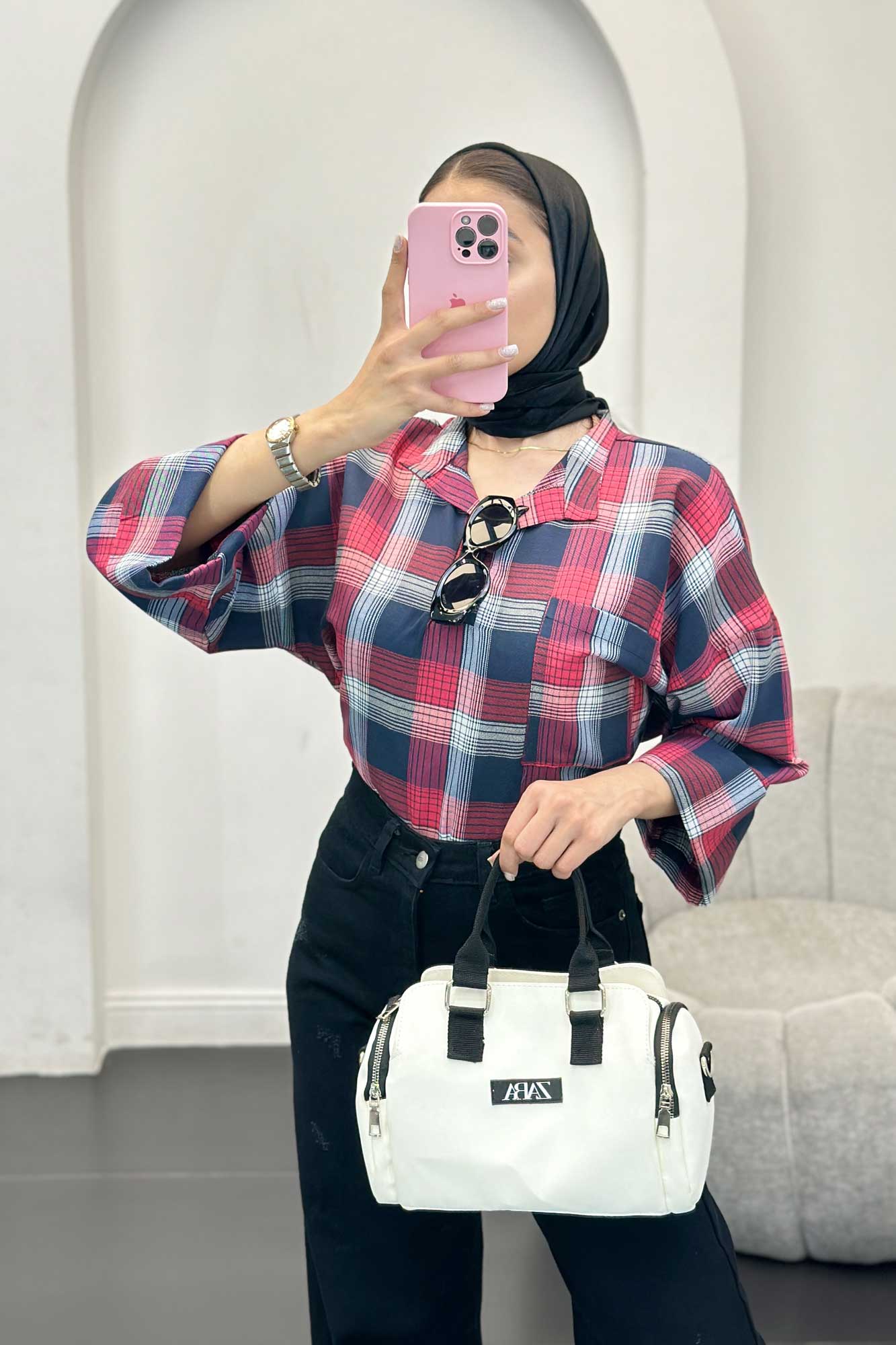 بلوز چهارخانه تک جیب پایین چاکدار