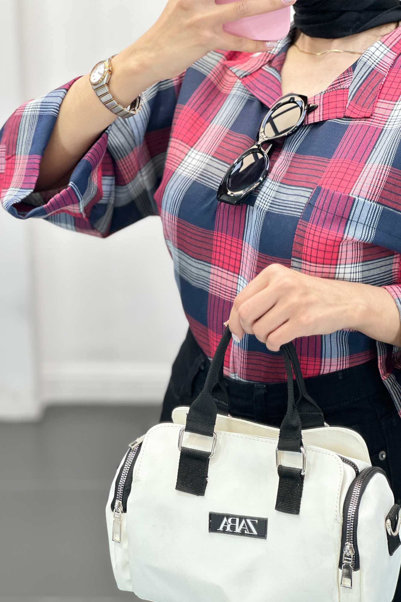 بلوز چهارخانه تک جیب پایین چاکدار