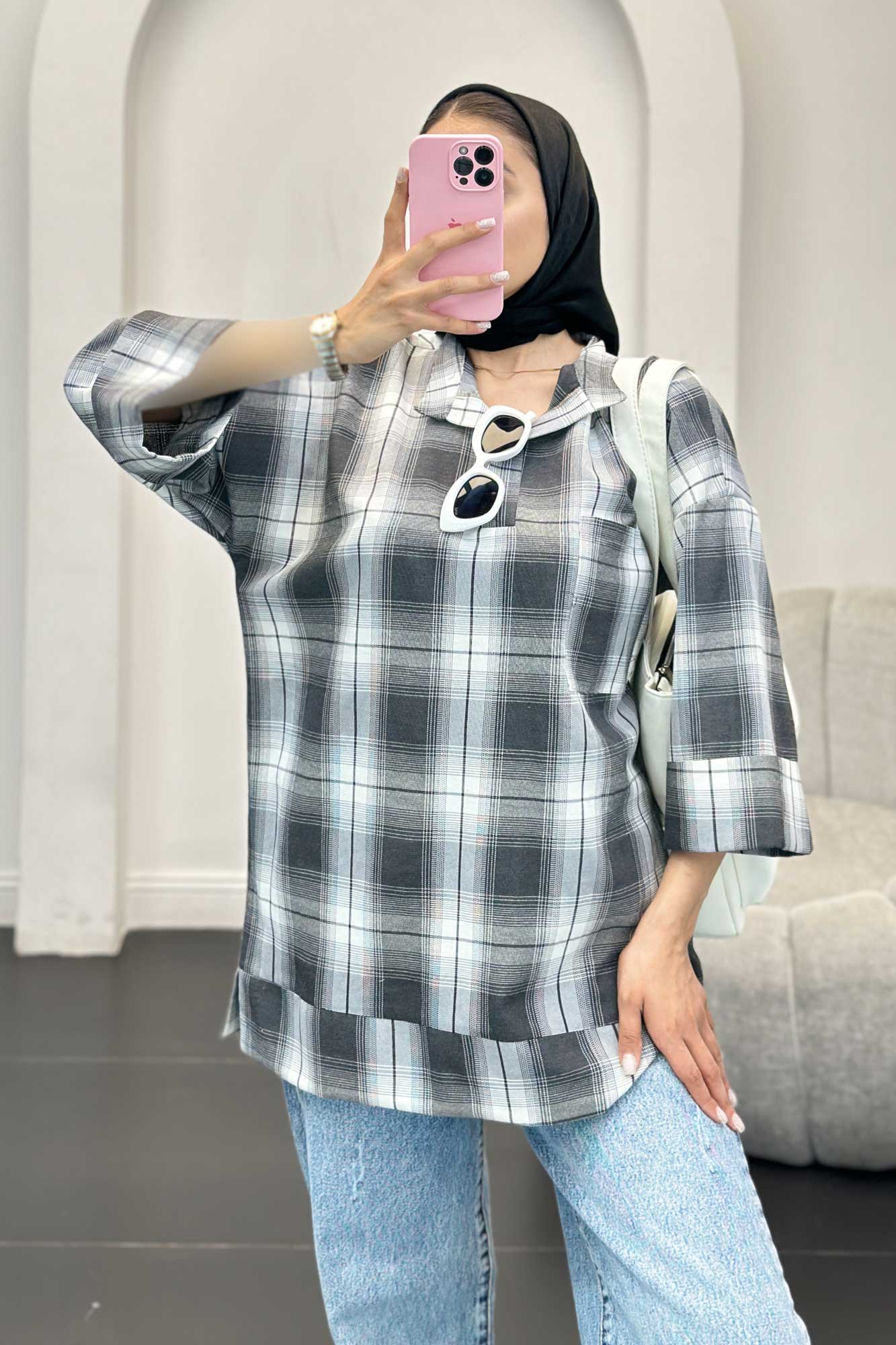 بلوز چهارخانه تک جیب پایین چاکدار