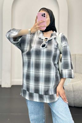 بلوز چهارخانه تک جیب پایین چاکدار