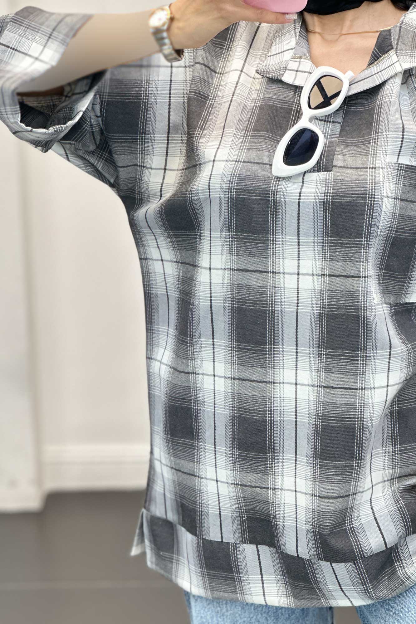 بلوز چهارخانه تک جیب پایین چاکدار