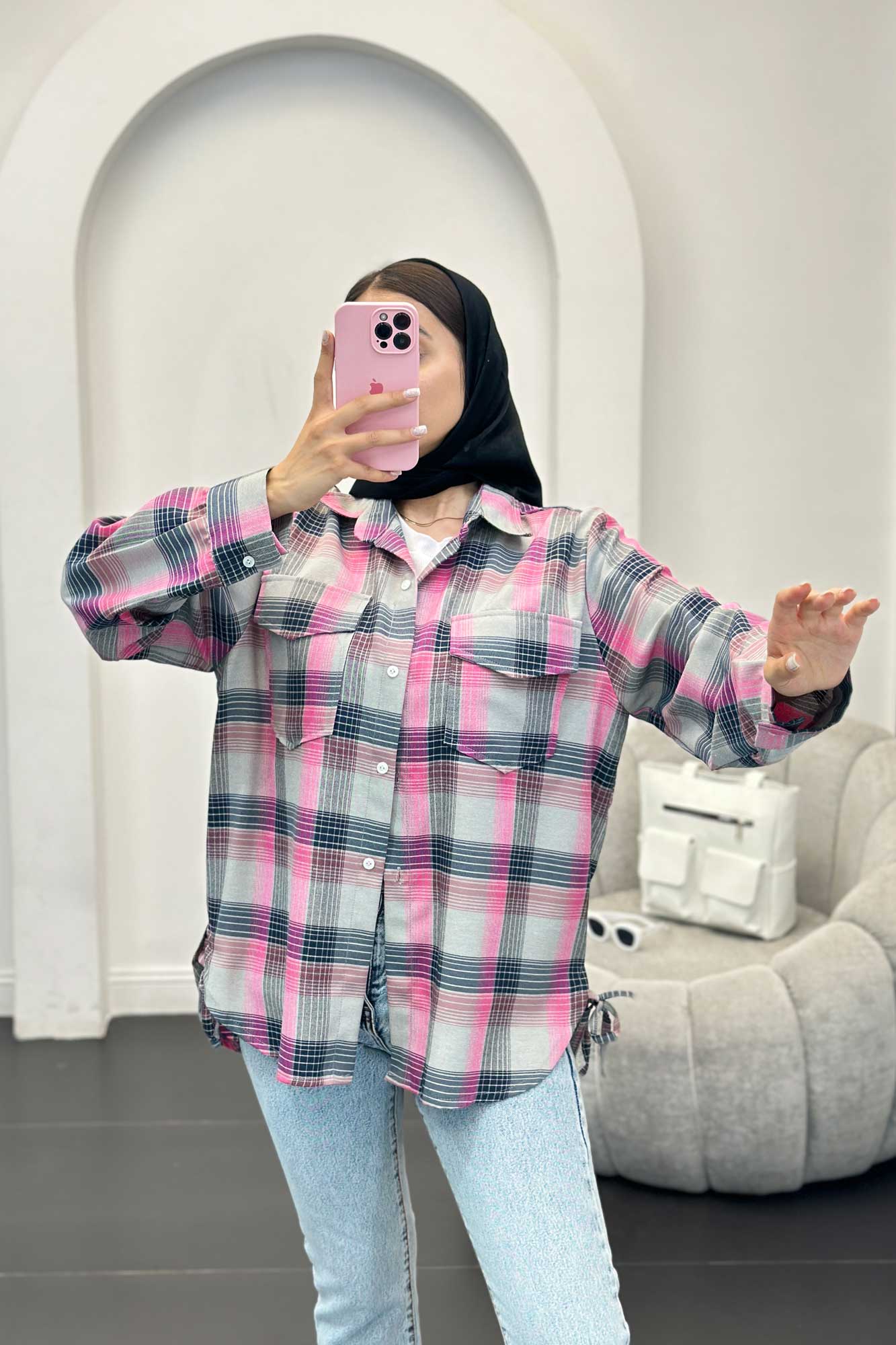 شومیز چهارخانه بغل بند دار