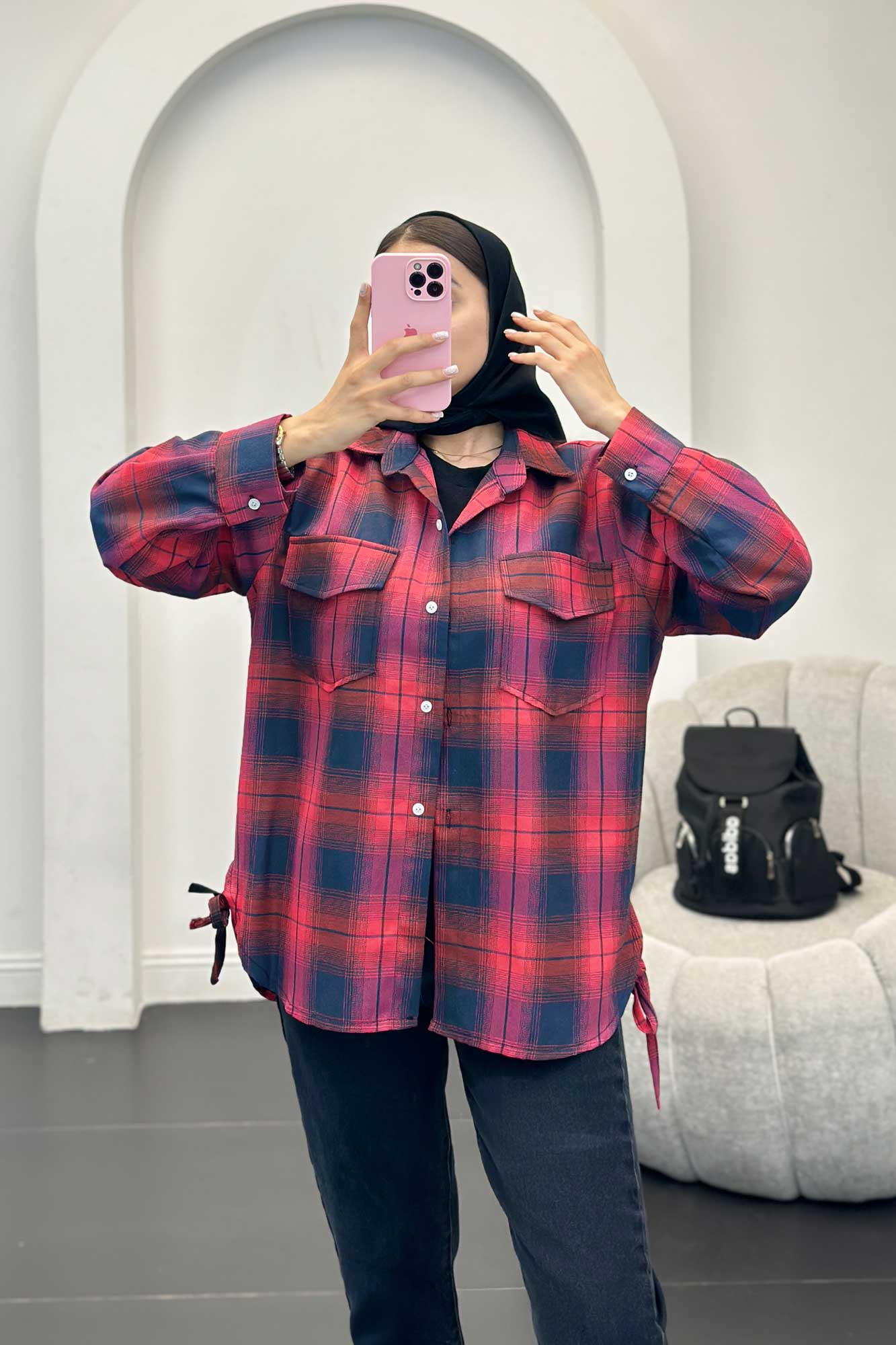 شومیز چهارخانه بغل بند دار