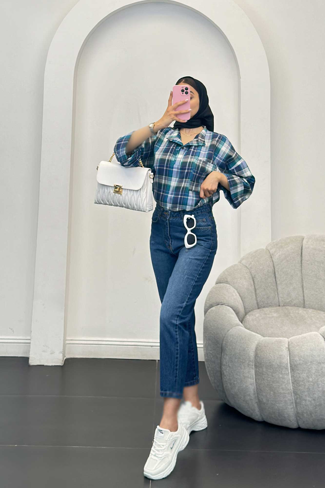 بلوز چهارخانه تک جیب پایین چاکدار