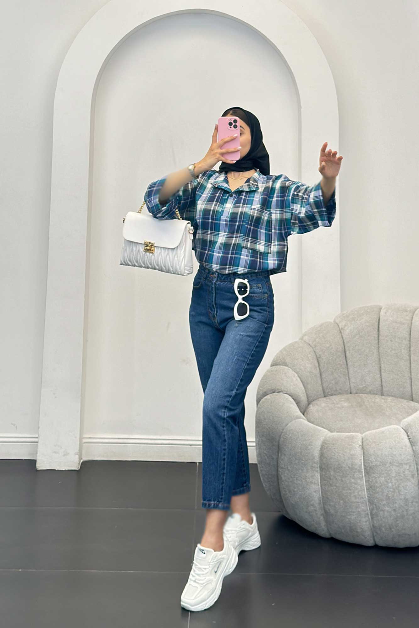 بلوز چهارخانه تک جیب پایین چاکدار