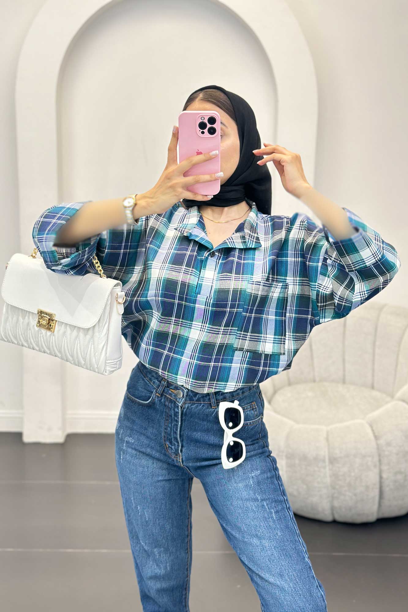 بلوز چهارخانه تک جیب پایین چاکدار