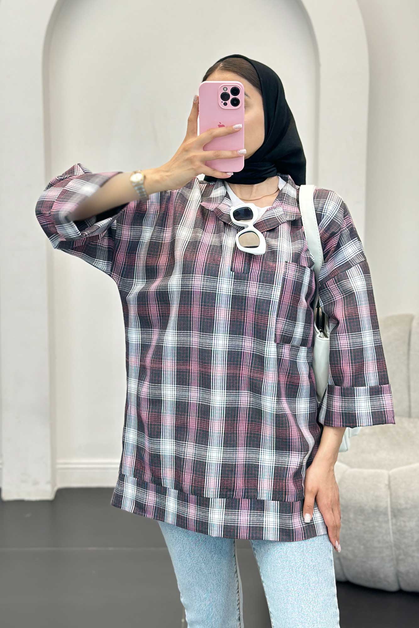 بلوز چهارخانه تک جیب پایین چاکدار