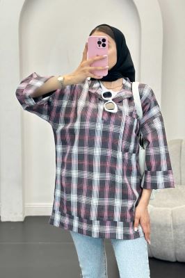 بلوز چهارخانه تک جیب پایین چاکدار