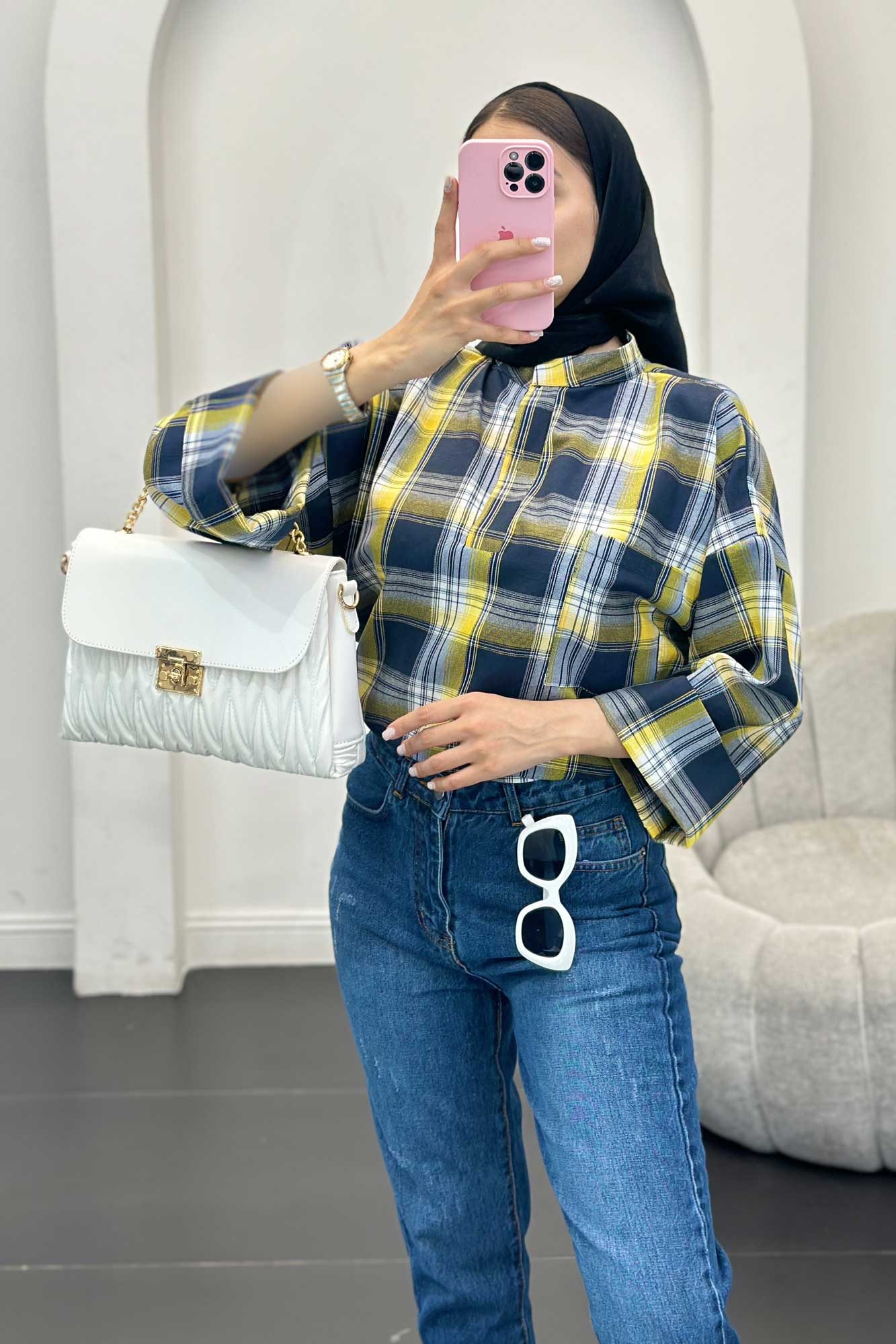 بلوز چهارخانه تک جیب پایین چاکدار