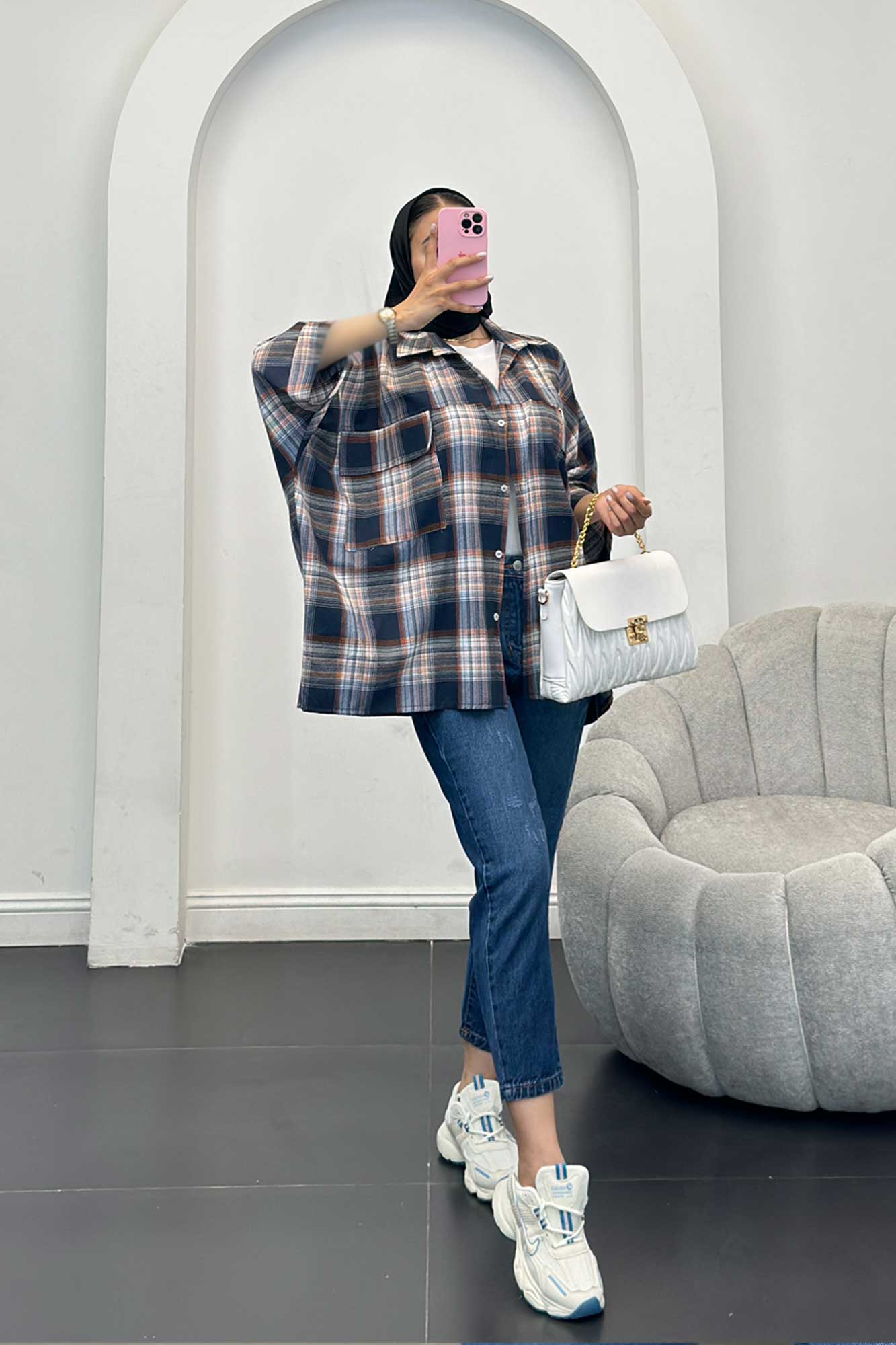 شومیز چهارخانه جیب پاکتی کیمونو