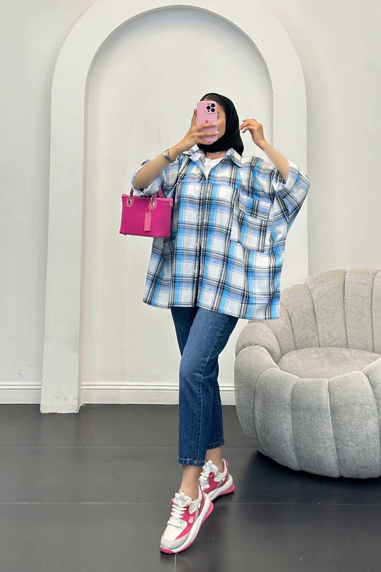 شومیز چهارخانه جیب پاکتی کیمونو