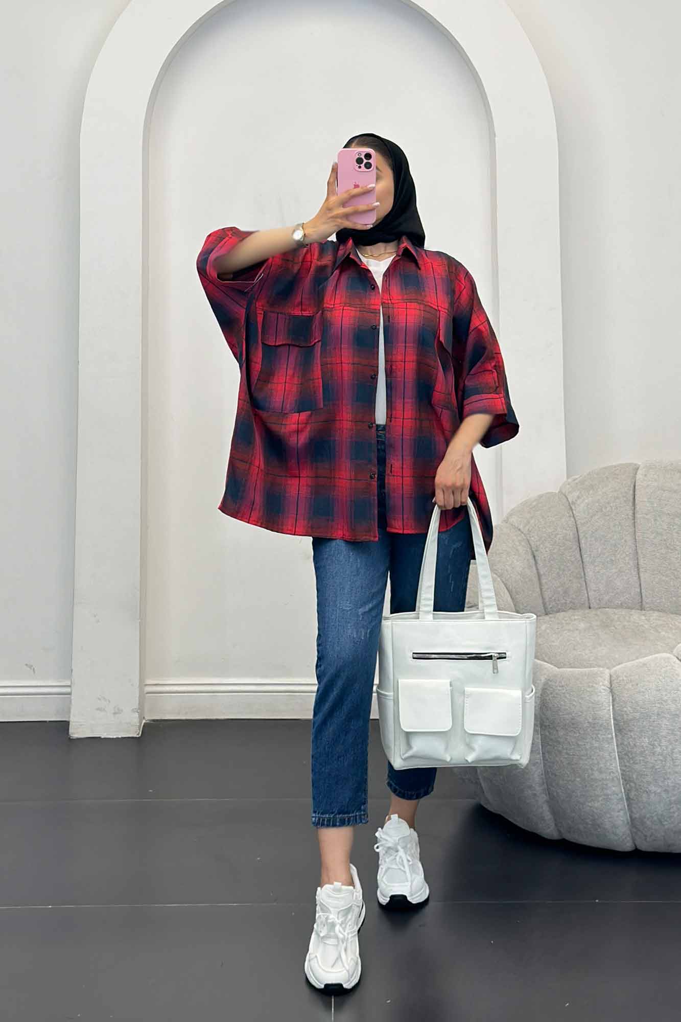 شومیز چهارخانه جیب پاکتی کیمونو