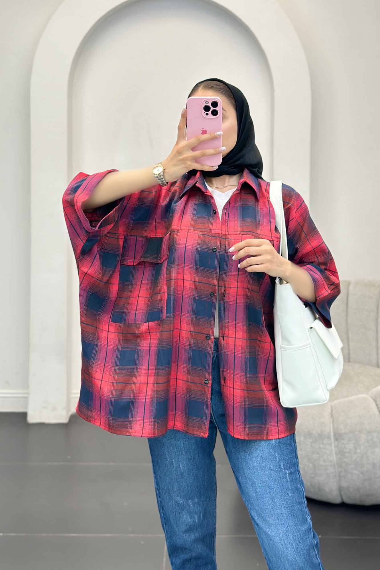 شومیز چهارخانه جیب پاکتی کیمونو