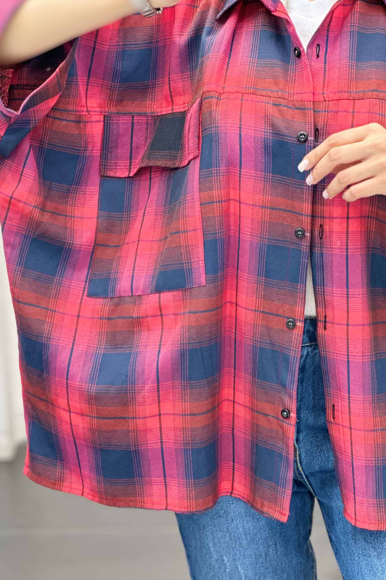 شومیز چهارخانه جیب پاکتی کیمونو