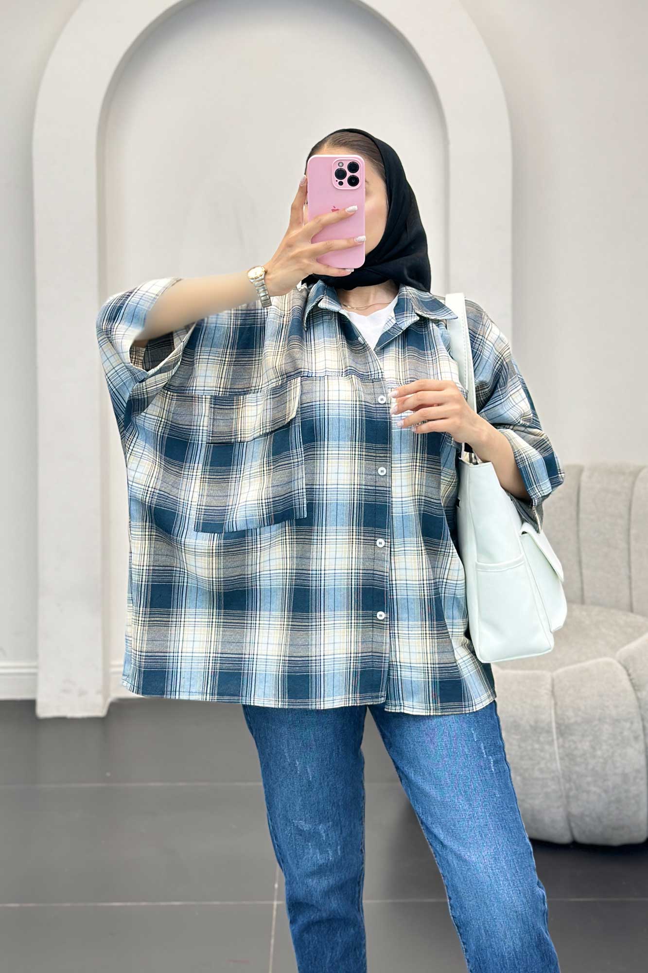 شومیز چهارخانه جیب پاکتی کیمونو