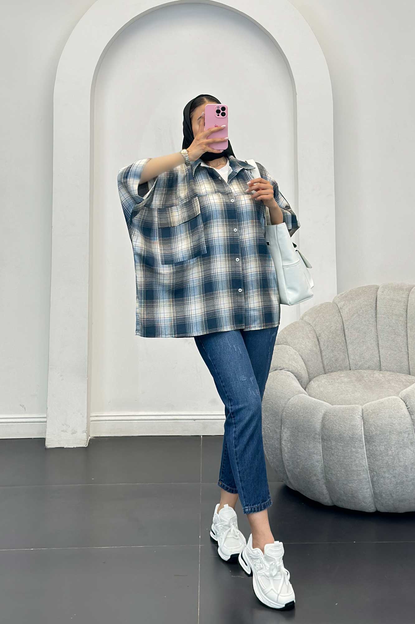 شومیز چهارخانه جیب پاکتی کیمونو