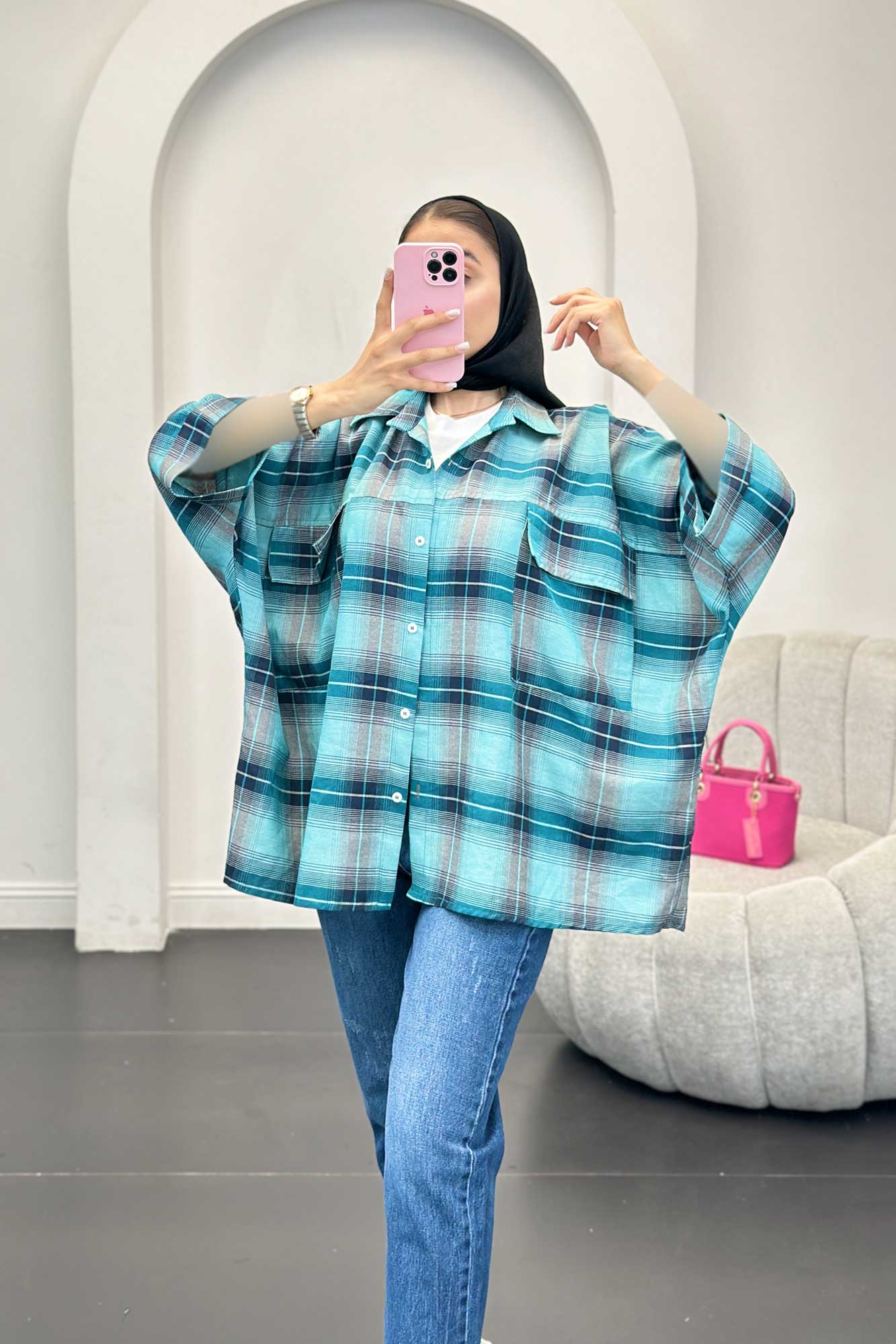 شومیز چهارخانه جیب پاکتی کیمونو