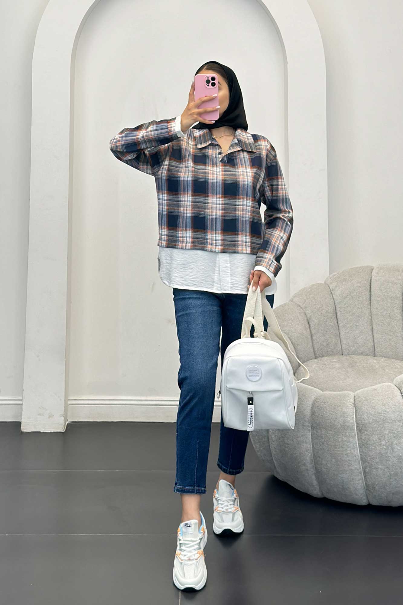 بلوز چهارخانه دو تیکه سفید