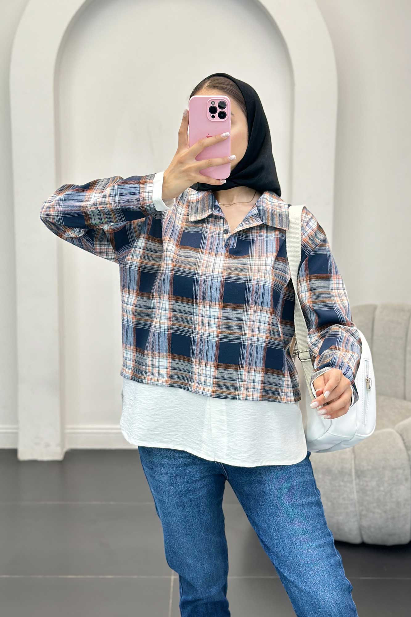 بلوز چهارخانه دو تیکه سفید