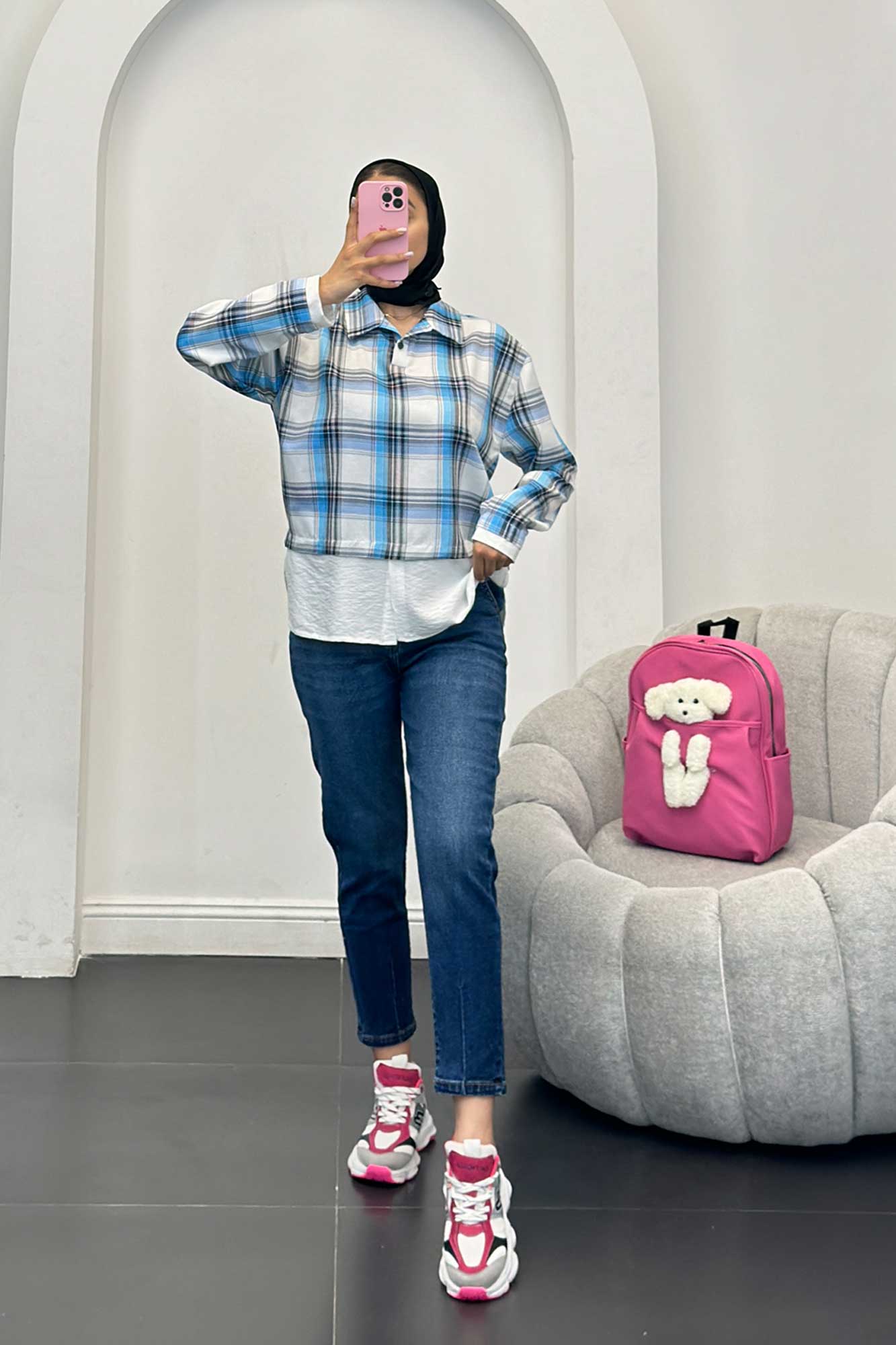 بلوز چهارخانه دو تیکه سفید