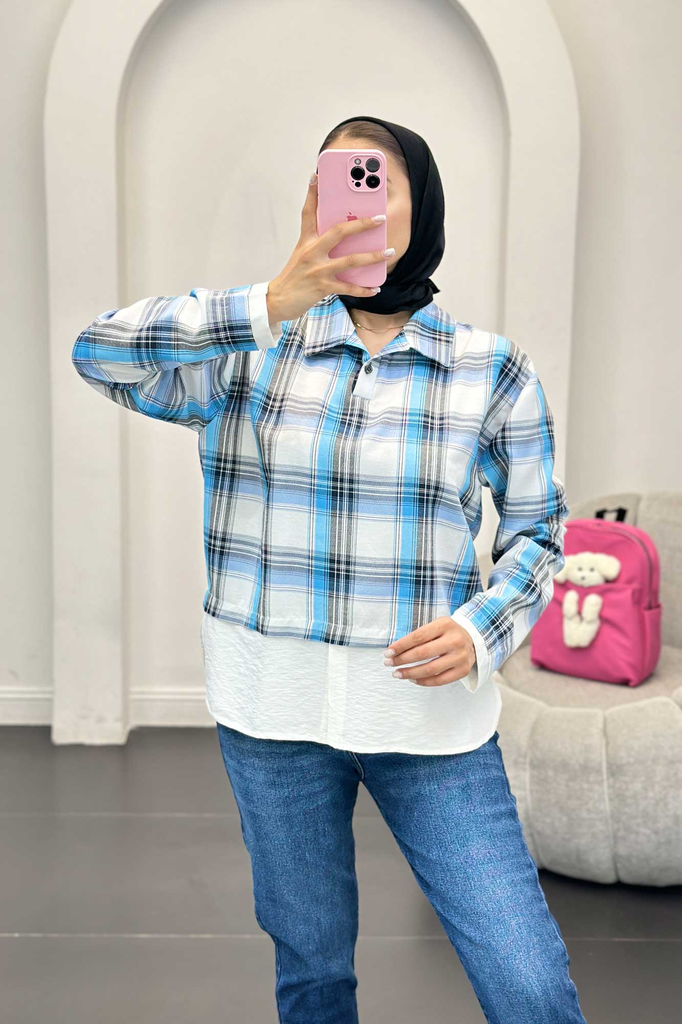 بلوز چهارخانه دو تیکه سفید