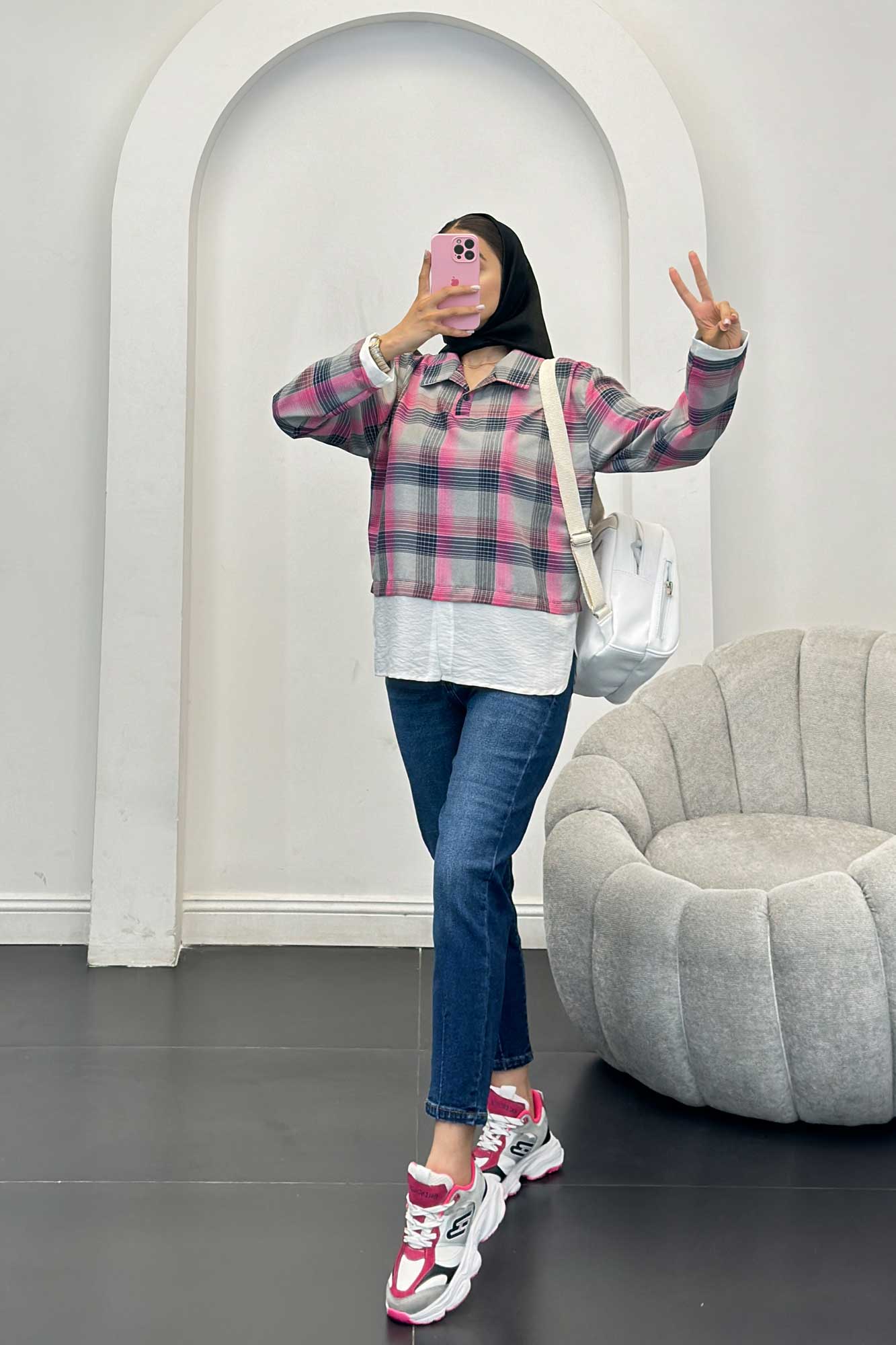 بلوز چهارخانه دو تیکه سفید