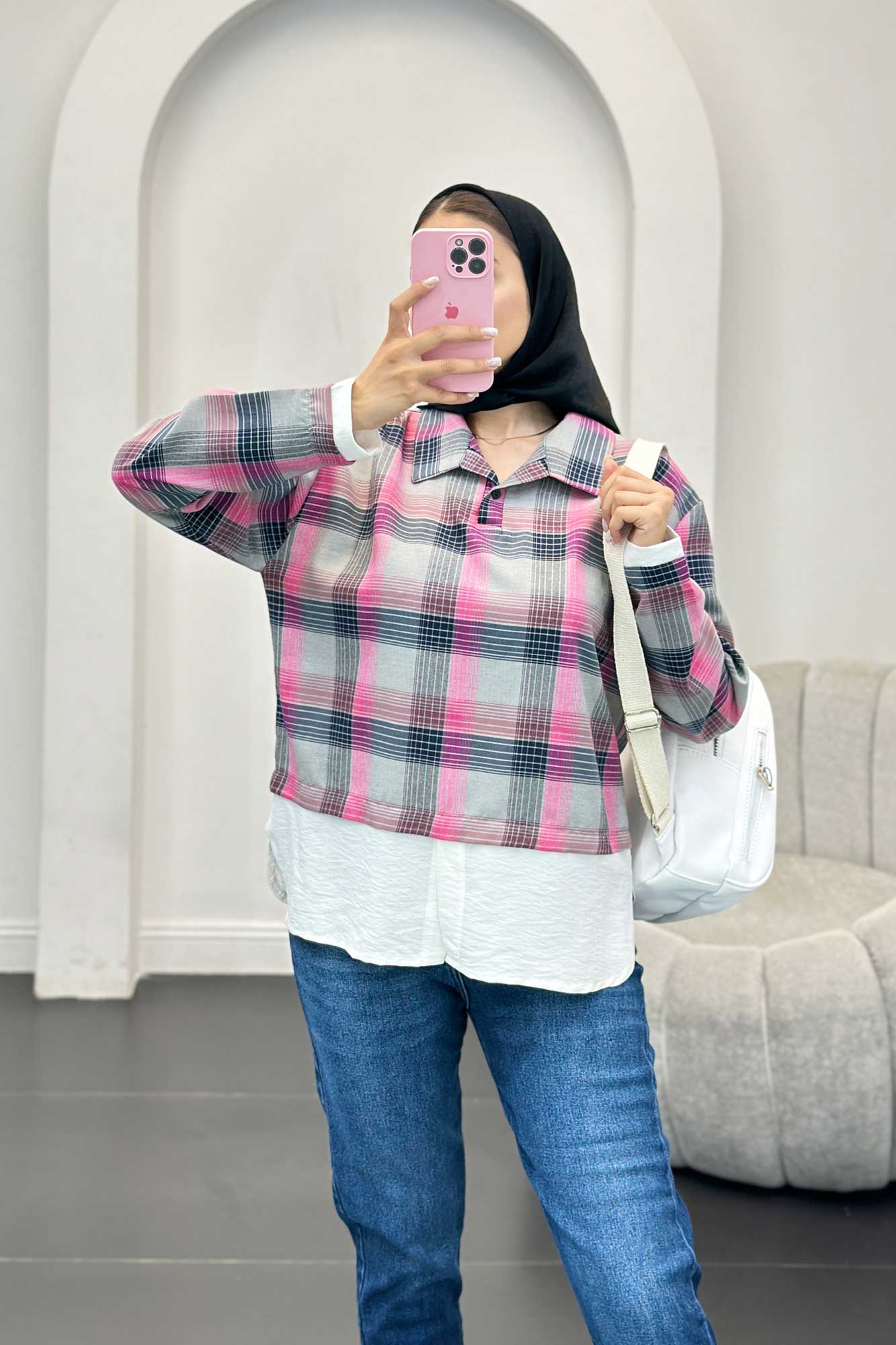 بلوز چهارخانه دو تیکه سفید