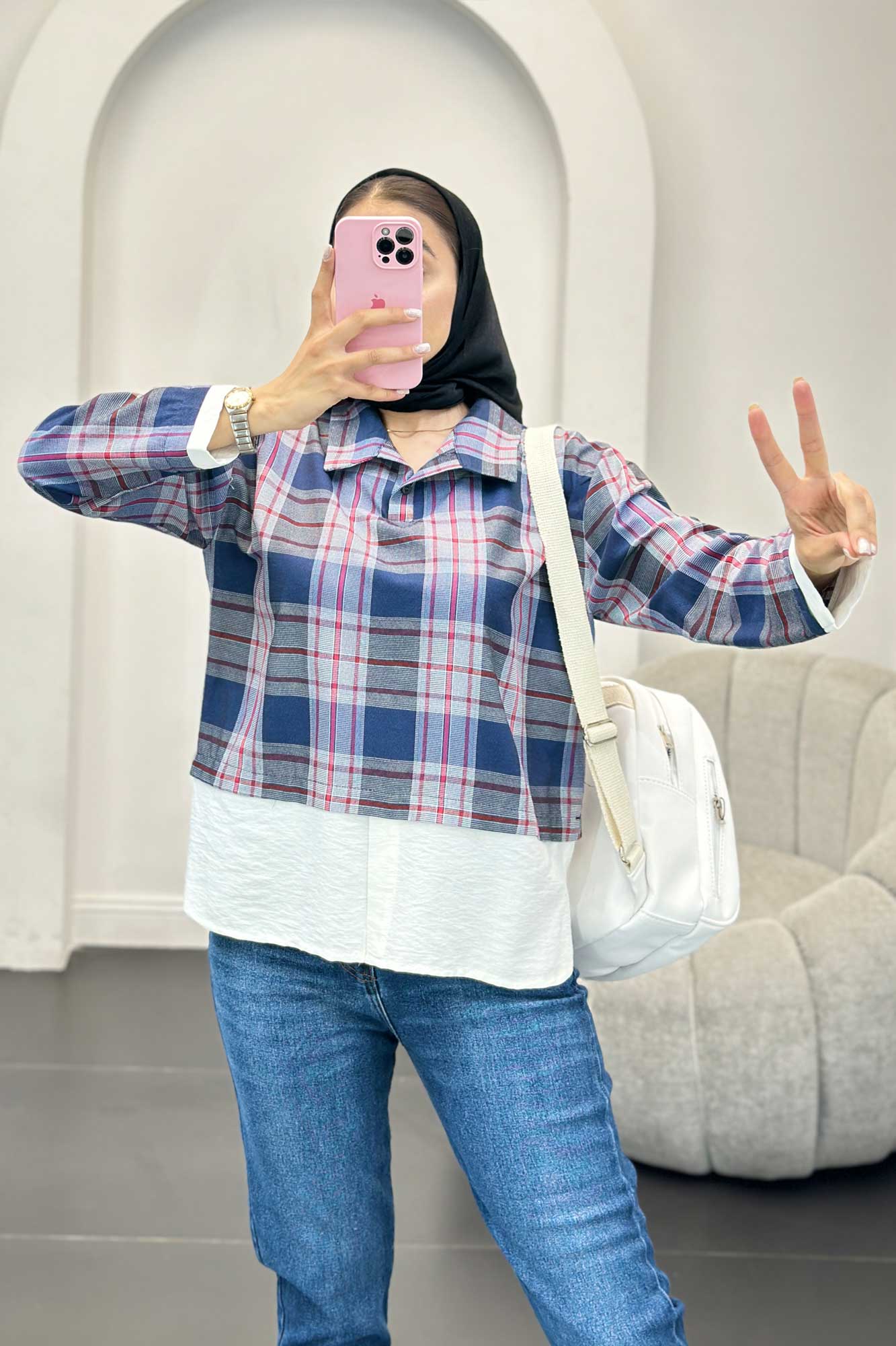 بلوز چهارخانه دو تیکه سفید