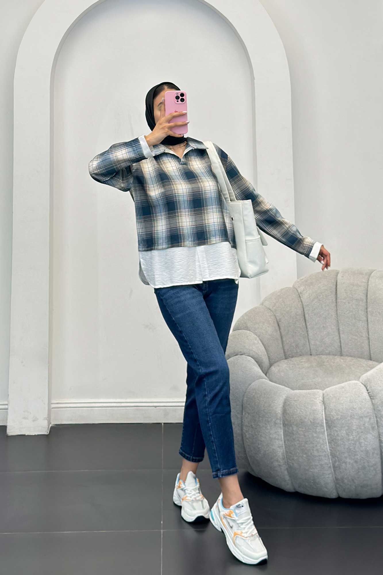 بلوز چهارخانه دو تیکه سفید