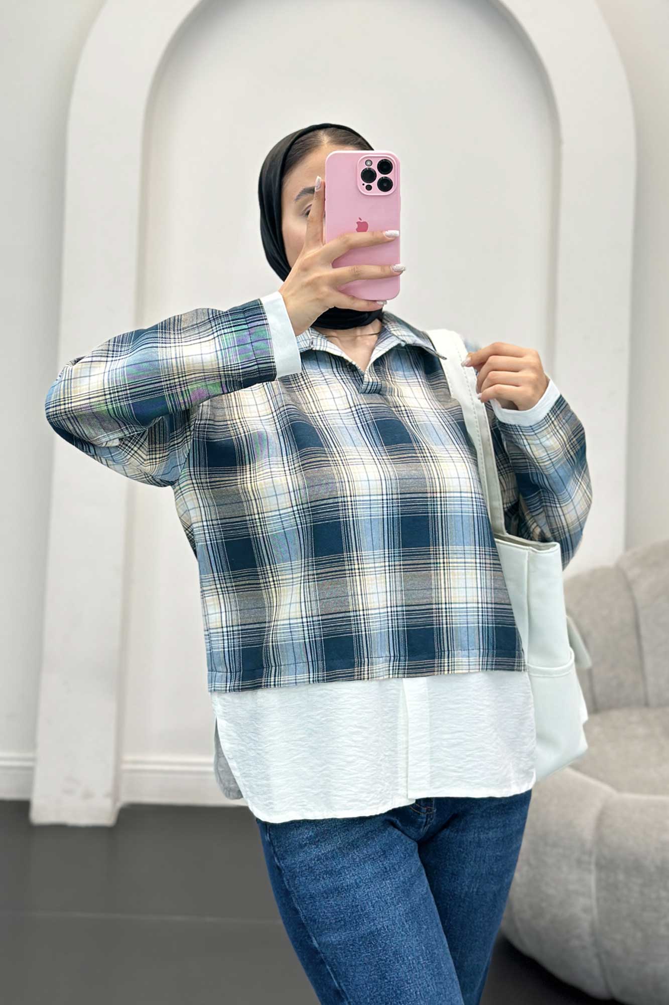 بلوز چهارخانه دو تیکه سفید