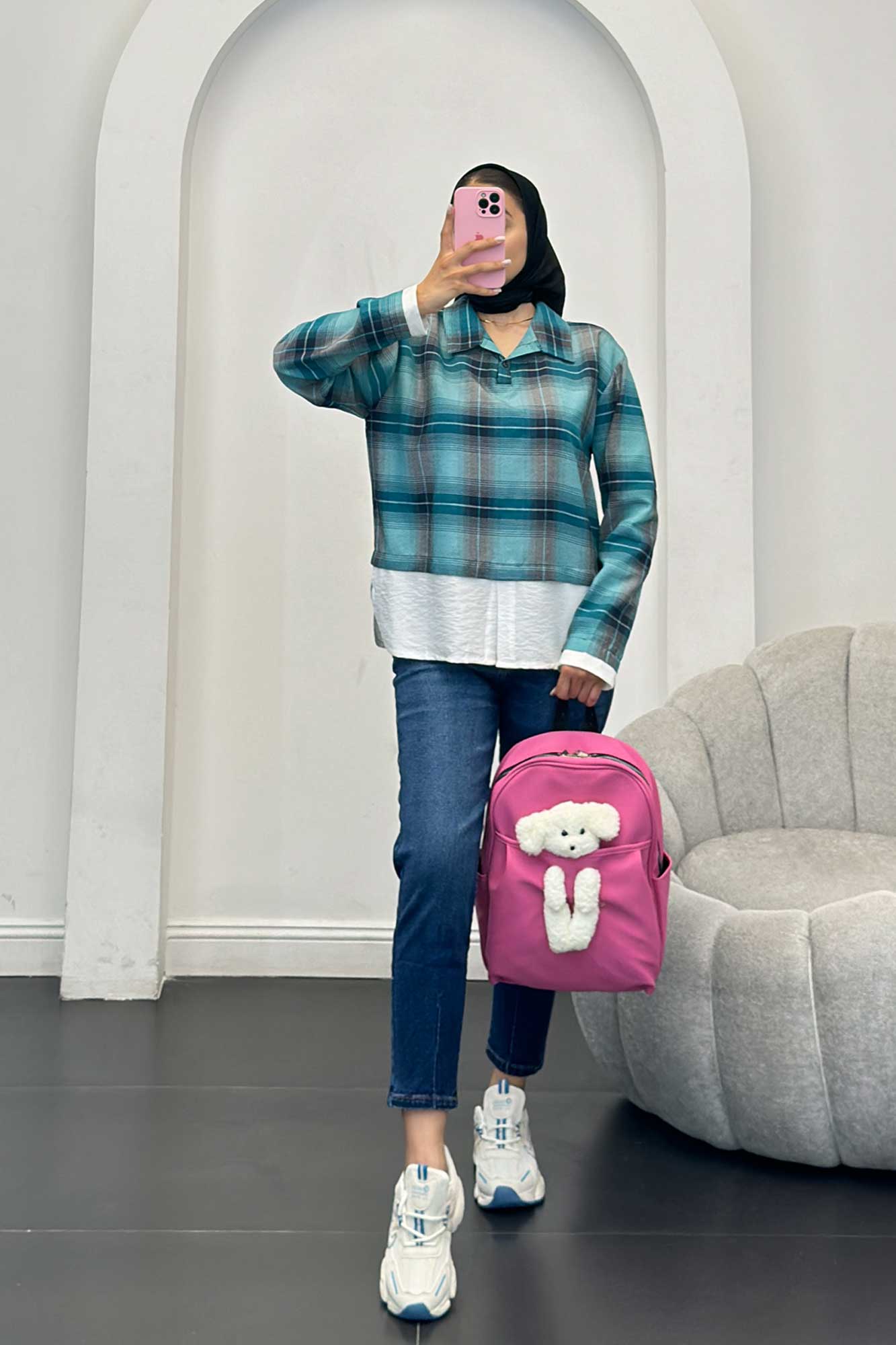 بلوز چهارخانه دو تیکه سفید