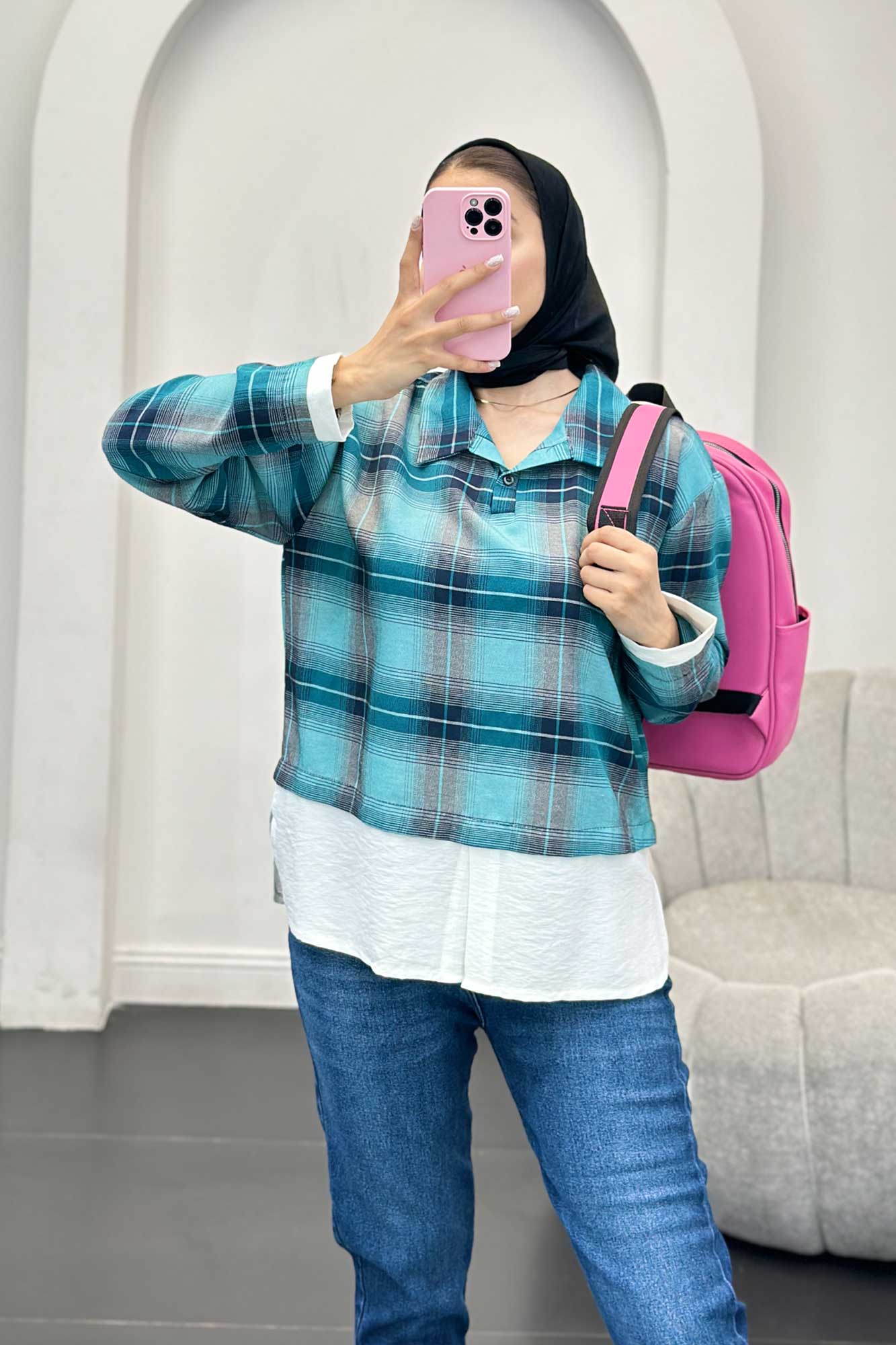 بلوز چهارخانه دو تیکه سفید