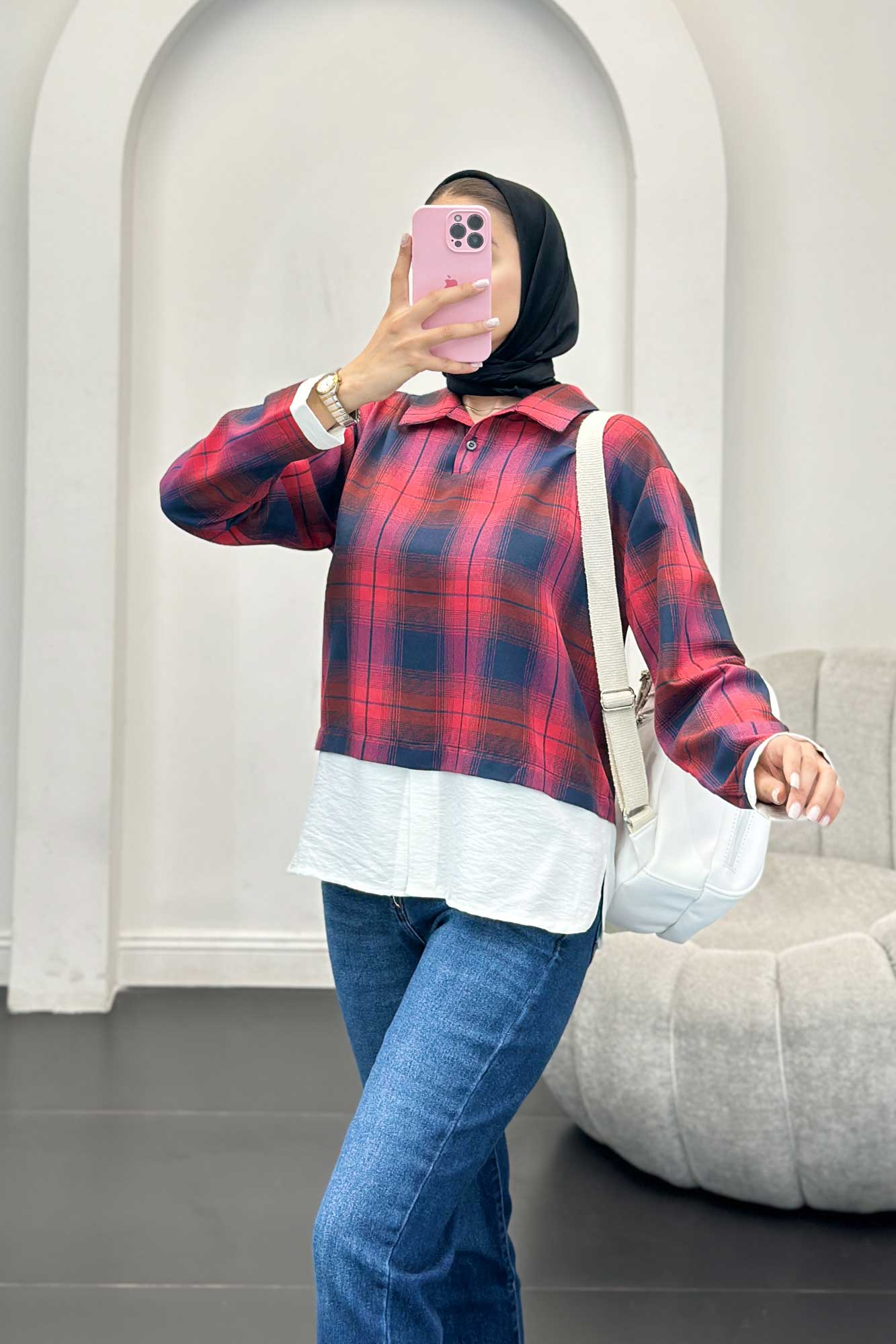 بلوز چهارخانه دو تیکه سفید