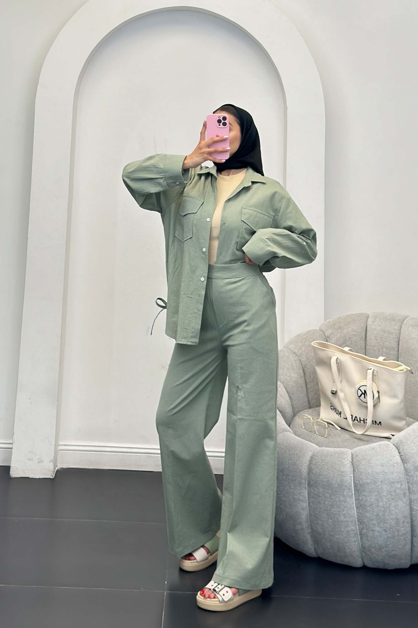 ست شومیز و شلوار لینن دو جیب پاکتی بغل بنددار