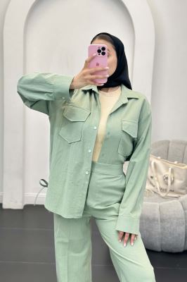 ست شومیز و شلوار لینن دو جیب پاکتی بغل بنددار