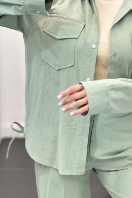 ست شومیز و شلوار لینن دو جیب پاکتی بغل بنددار