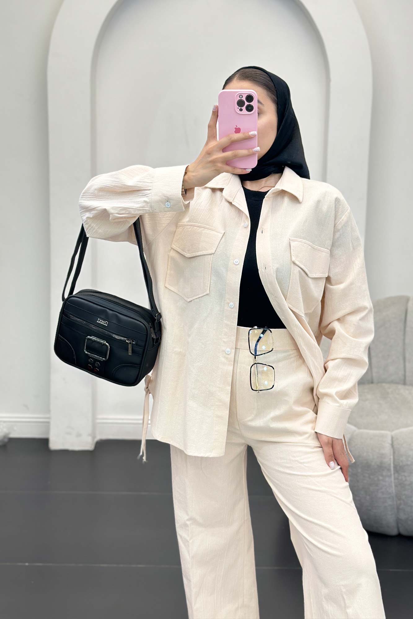 ست شومیز و شلوار لینن دو جیب پاکتی بغل بنددار