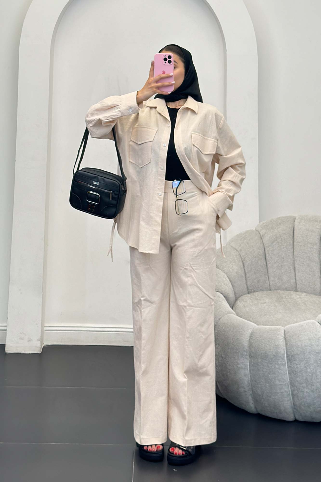 ست شومیز و شلوار لینن دو جیب پاکتی بغل بنددار