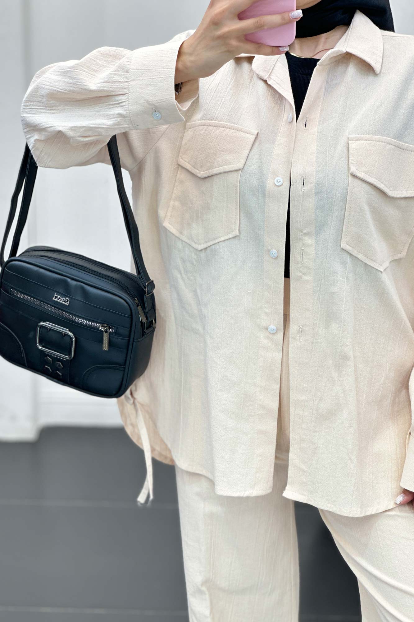 ست شومیز و شلوار لینن دو جیب پاکتی بغل بنددار