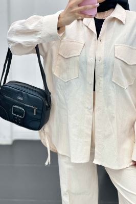 ست شومیز و شلوار لینن دو جیب پاکتی بغل بنددار