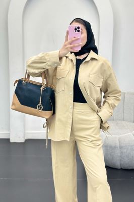 ست شومیز و شلوار لینن دو جیب پاکتی بغل بنددار