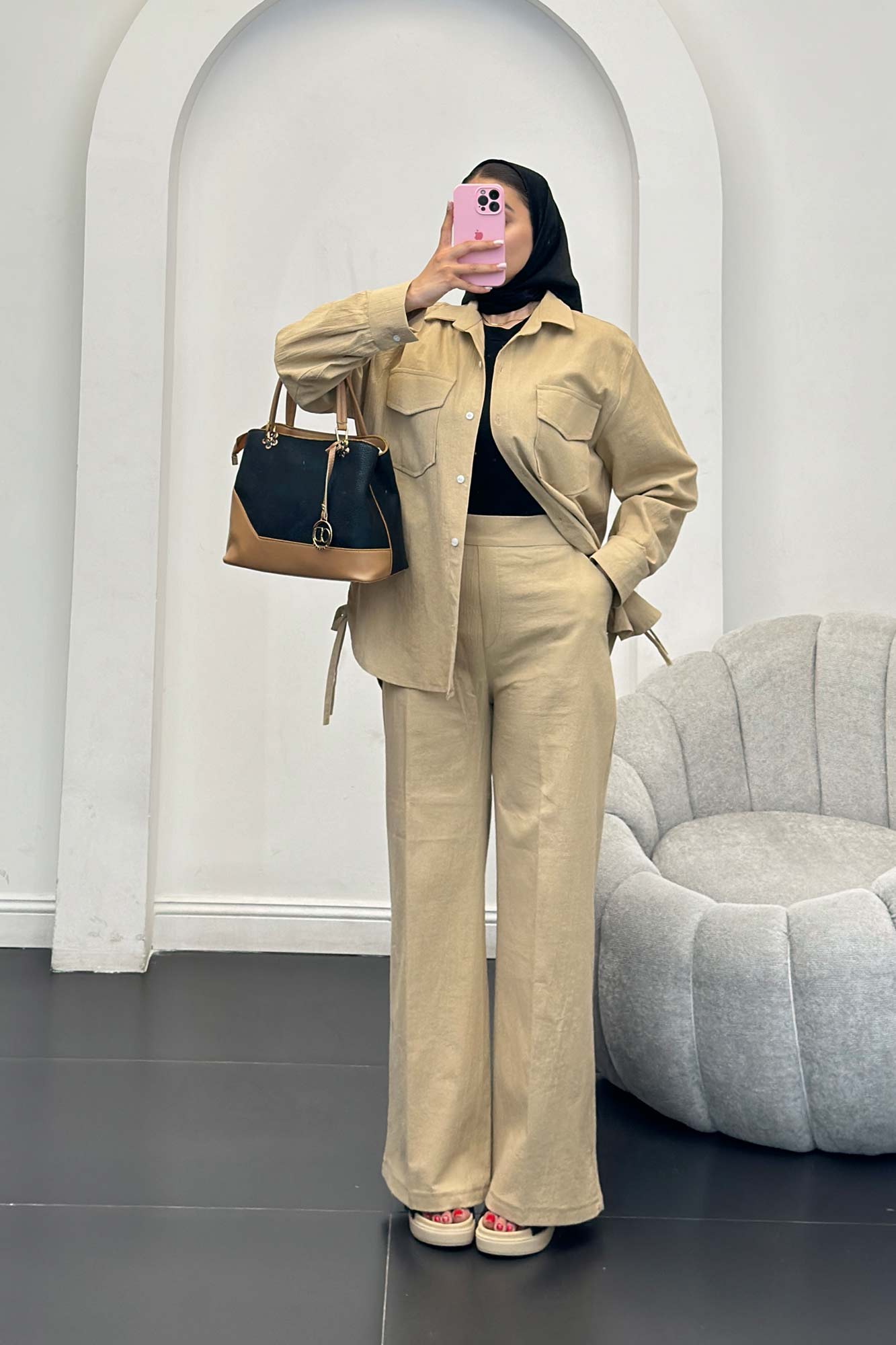 ست شومیز و شلوار لینن دو جیب پاکتی بغل بنددار