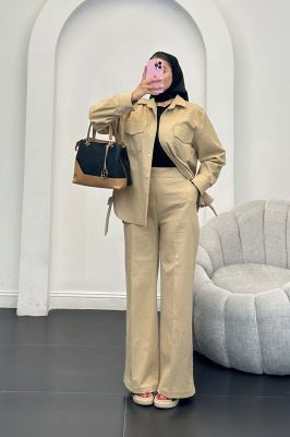 ست شومیز و شلوار لینن دو جیب پاکتی بغل بنددار