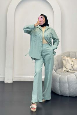 ست شومیز و شلوار لینن دو جیب پاکتی بغل بنددار